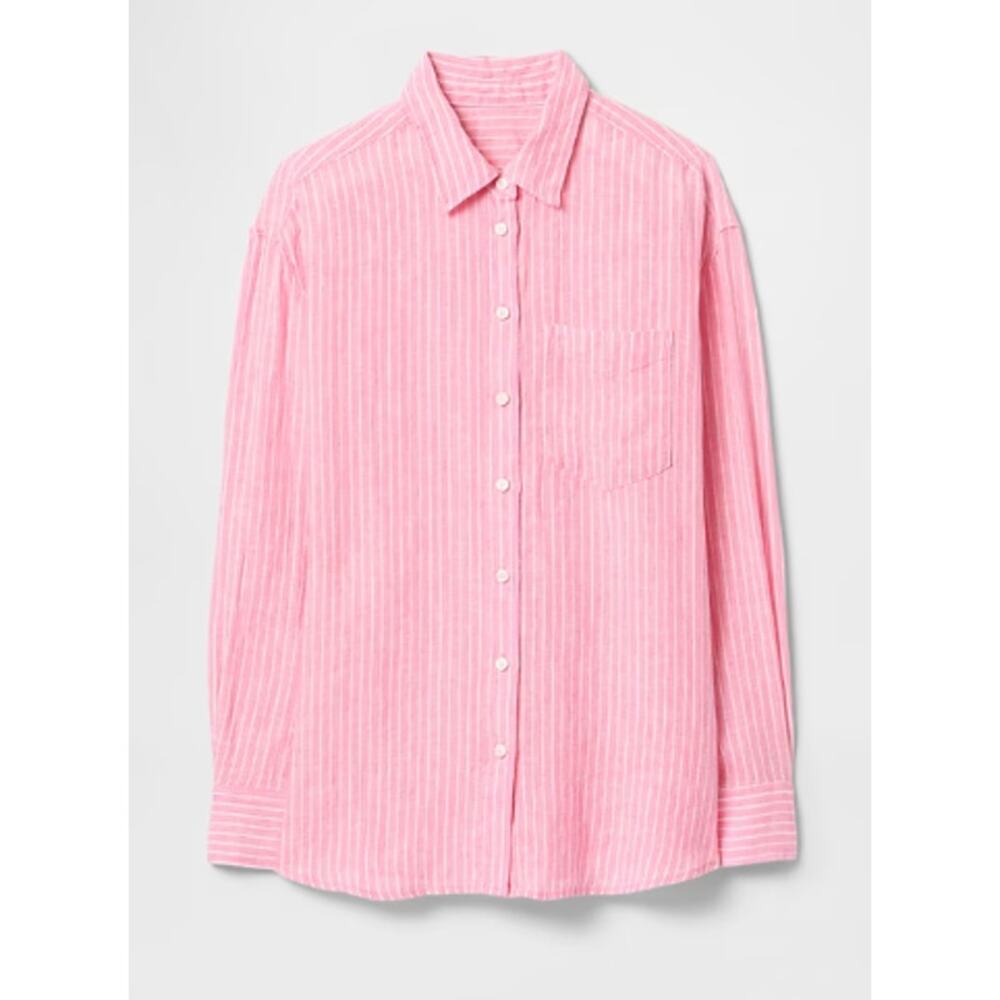 Gap 100% Linen Oversized Shirt | Womens M Tall, Pink White Stripe NWT